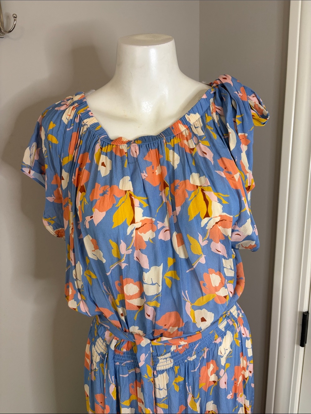 Shoshanna Peony Dress Slate Blue Multi Maxi Floral side shoulder tie belt Sz 10 - Picture 5 of 15